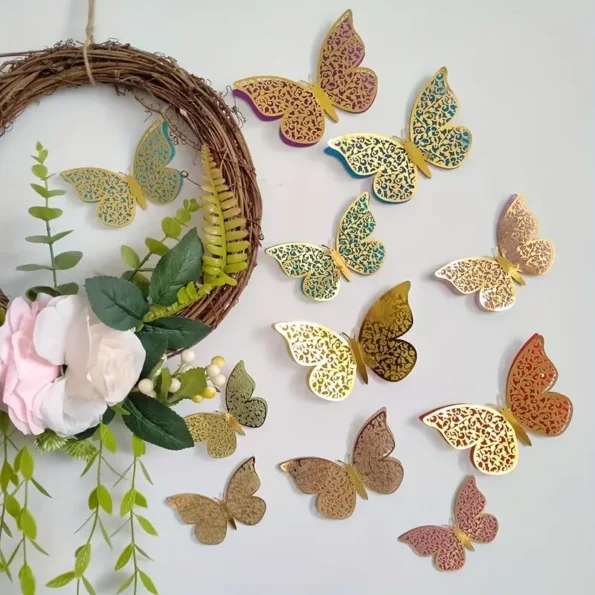 12pcs 3D Colorful Double-Layer Butterfly Wall Sticker Set - Paper Butterflies for Wedding and Festival Decorations