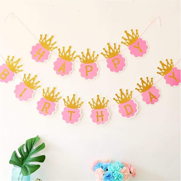 Happy Birthday Glitter Crown Banner Pink and Gold Party Decorations (Set of 13 letters)