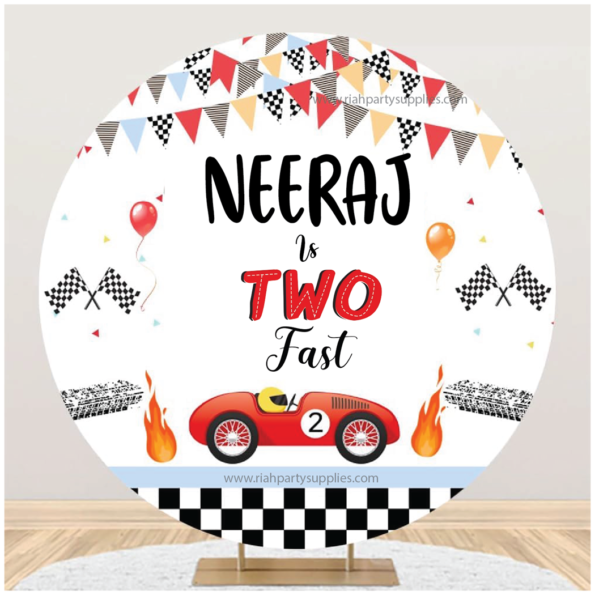 Two Fast Round Backdrop Cover 2nd Birthday Decorations for Racing Car Theme Party Banner Second Birthday Photography Background Racing Boys Kids Birthday Party Decorations