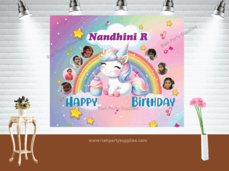 Unicorn Birthday Backdrop with kid's Photos for birthday decoration