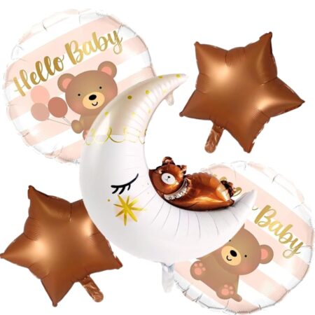 5 Pcs Teddy Bear Moon & Hello Baby Foil Balloon Set